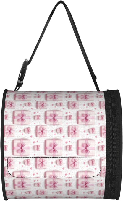 Round Car Tissue Holder - Pink Ribbon Box Print Foldable Portable Tissue Cover Cube Hanging Toilet Paper Dispenser with Strap, Organizer for Travel Car Seat Camping Bathroom Decor