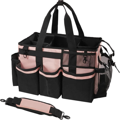 SCAVATA Wearable Cleaning Caddy, Cleaning Caddy Supplies Organizer with Handle & Shoulder Straps for Housekeepers, Under Sink & Car Cleaning Tool Organizers Bag with 4 Foldable Divider (Pink)
