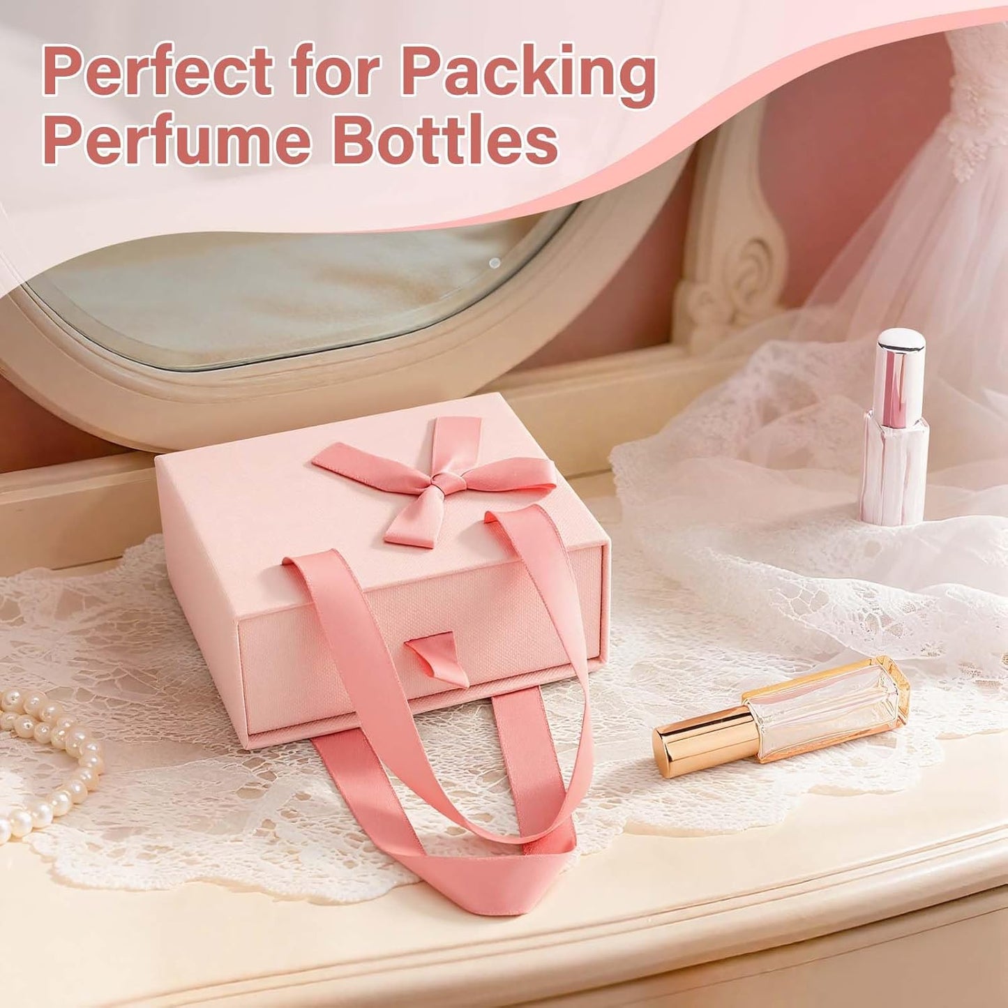 4.7x3.9x2'' Small Drawer Pink Gift Box for Presents, Empty Mini Gift Box for Women Men, Mini Decorative Storage Case with Ribbon for Gifts, Pink Packaging Wrap Paper Boxes for Travel Bottles