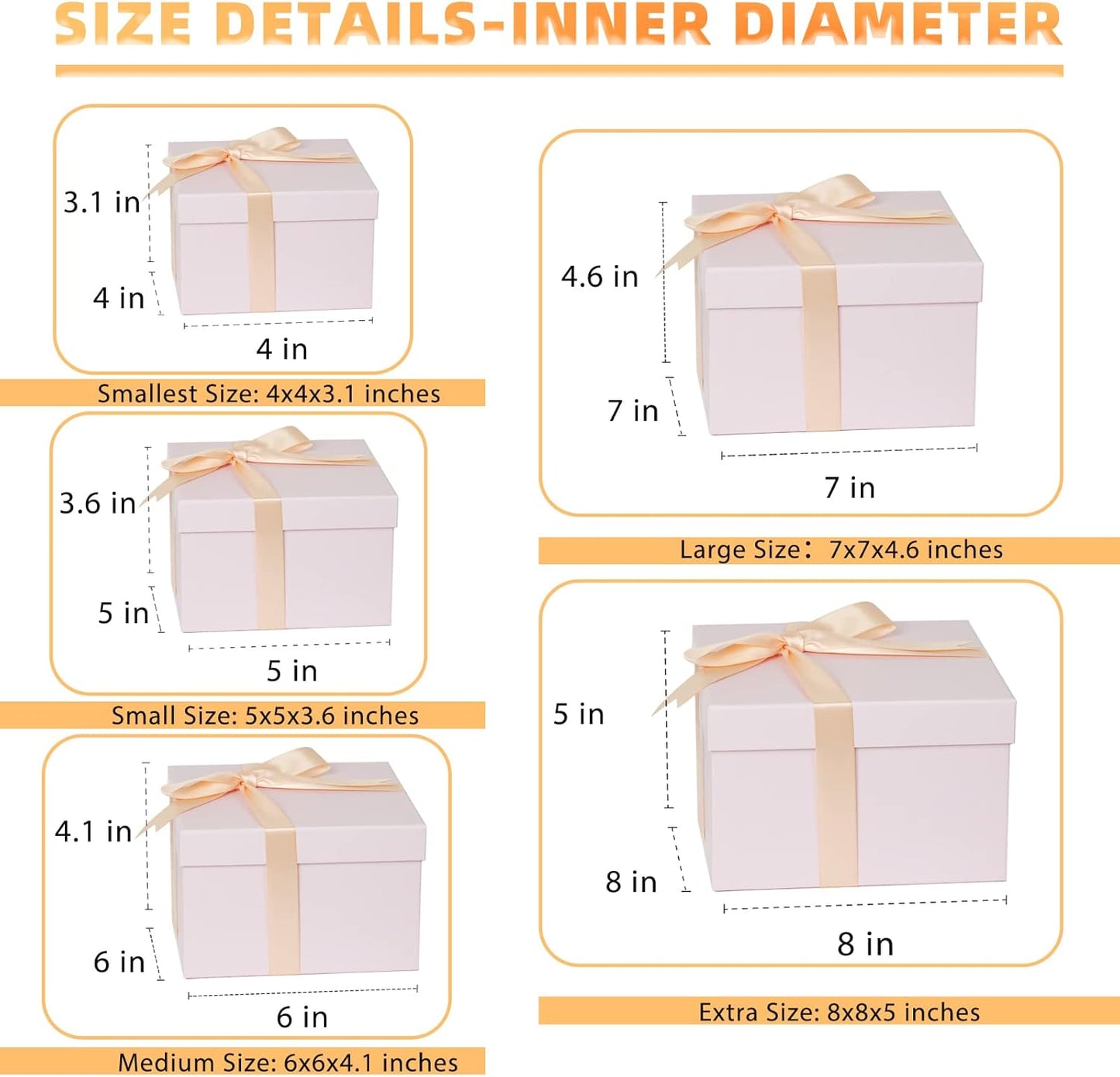 5 Pack Large Square Nesting Gift Boxes with Lids for Presents, 4"-8" Pink Stacking Gift Box with Ribbon Card for Wedding Birthday Party Valentine Christmas