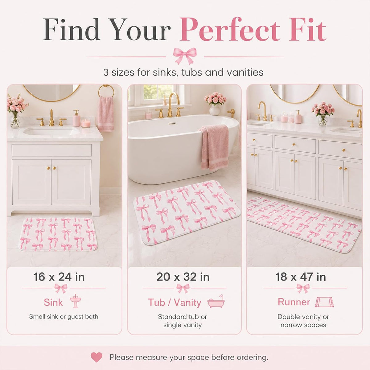 Memory Foam Bath Mat with Pink Bow Pattern，16INX24IN