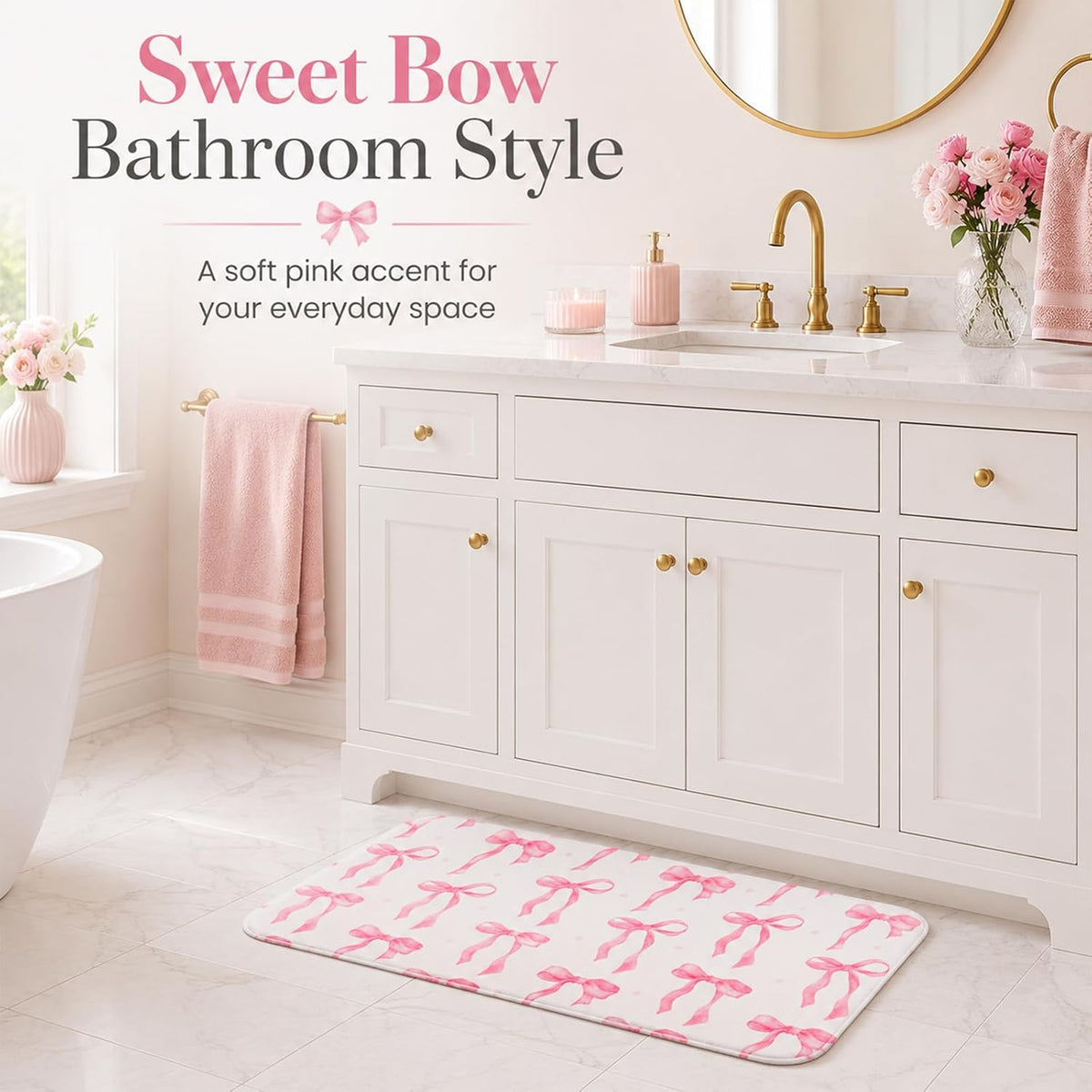 Memory Foam Bath Mat with Pink Bow Pattern，16INX24IN