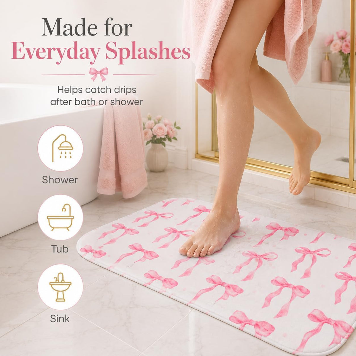 Memory Foam Bath Mat with Pink Bow Pattern，16INX24IN