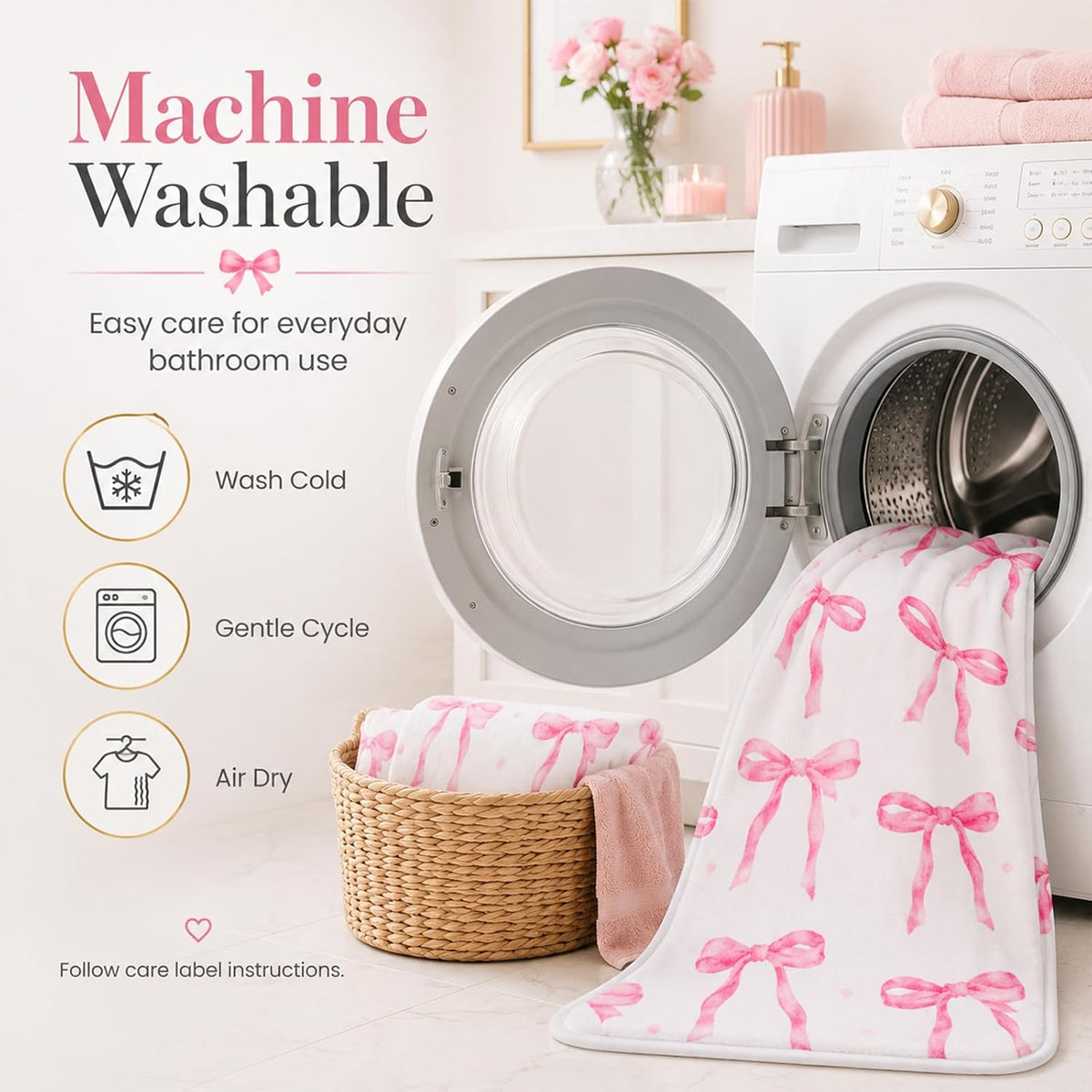 Memory Foam Bath Mat with Pink Bow Pattern，16INX24IN