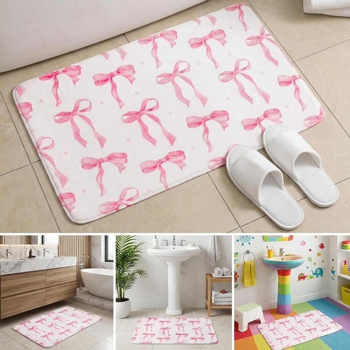 Memory Foam Bath Mat with Pink Bow Pattern，16INX24IN