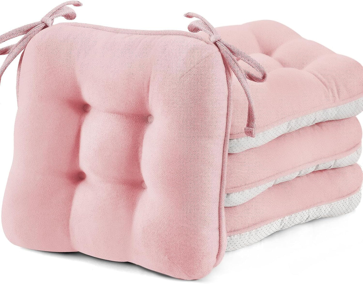 Pink Chair Cushions for Dining Chairs Set of 4,3.5" Thick Kitchen Table Chair Pads with Ties,Non Slip Backing and Covers, Seat Cushion for Dining Room,Bar,Patio Chairs,15.5"X15.5"X3.5",Pink