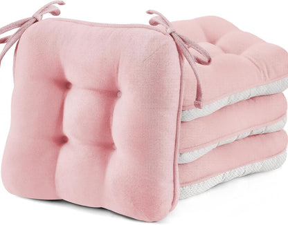 Pink Chair Cushions for Dining Chairs Set of 4,3.5" Thick Kitchen Table Chair Pads with Ties,Non Slip Backing and Covers, Seat Cushion for Dining Room,Bar,Patio Chairs,15.5"X15.5"X3.5",Pink