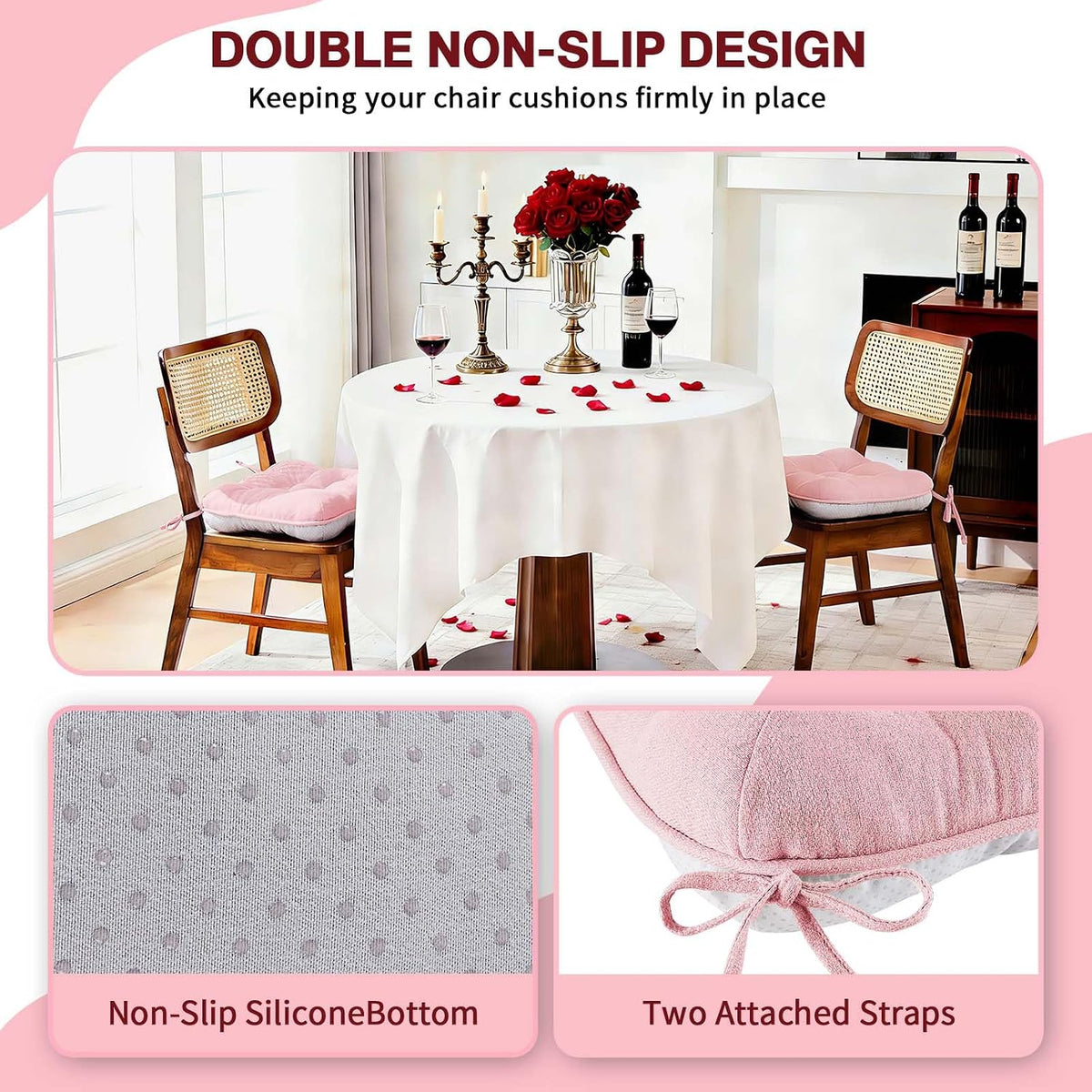 Pink Chair Cushions for Dining Chairs Set of 4,3.5" Thick Kitchen Table Chair Pads with Ties,Non Slip Backing and Covers, Seat Cushion for Dining Room,Bar,Patio Chairs,15.5"X15.5"X3.5",Pink
