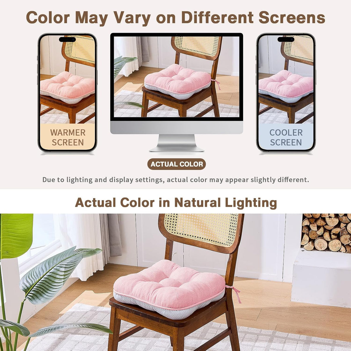 Pink Chair Cushions for Dining Chairs Set of 4,3.5" Thick Kitchen Table Chair Pads with Ties,Non Slip Backing and Covers, Seat Cushion for Dining Room,Bar,Patio Chairs,15.5"X15.5"X3.5",Pink