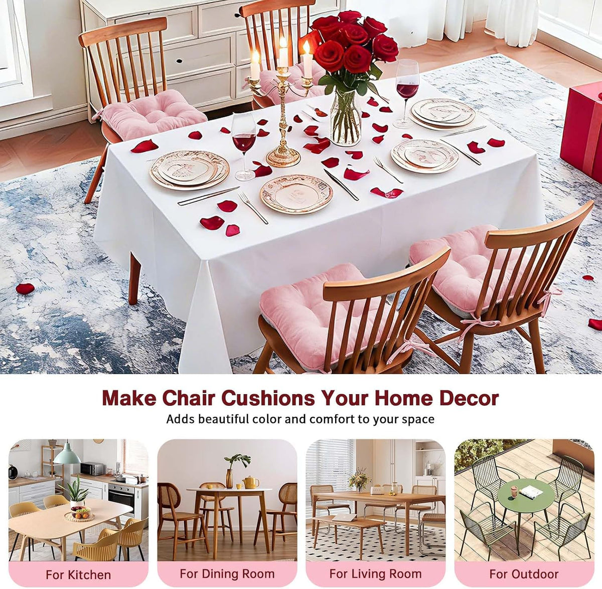 Pink Chair Cushions for Dining Chairs Set of 4,3.5" Thick Kitchen Table Chair Pads with Ties,Non Slip Backing and Covers, Seat Cushion for Dining Room,Bar,Patio Chairs,15.5"X15.5"X3.5",Pink