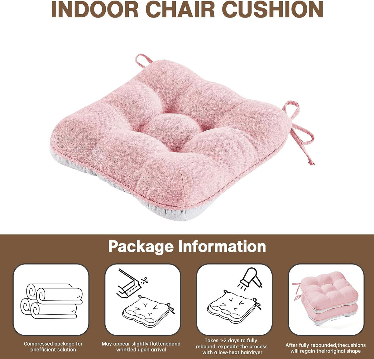 Pink Chair Cushions for Dining Chairs Set of 4,3.5" Thick Kitchen Table Chair Pads with Ties,Non Slip Backing and Covers, Seat Cushion for Dining Room,Bar,Patio Chairs,15.5"X15.5"X3.5",Pink