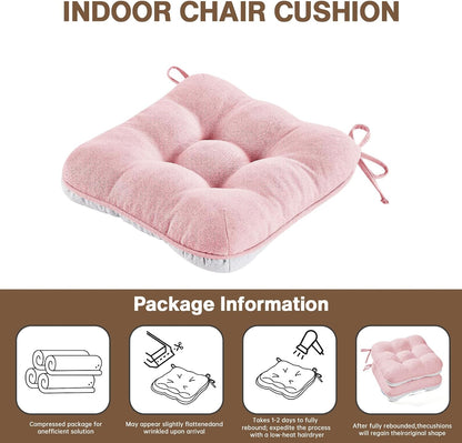 Pink Chair Cushions for Dining Chairs Set of 4,3.5" Thick Kitchen Table Chair Pads with Ties,Non Slip Backing and Covers, Seat Cushion for Dining Room,Bar,Patio Chairs,15.5"X15.5"X3.5",Pink