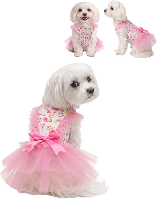 Pink Flamingo Pool Party Pet Dress for Small Dogs, Cats - Double-Layer Ruffled Skirt - Satin Bow - Summer Beach, BBQ Dress