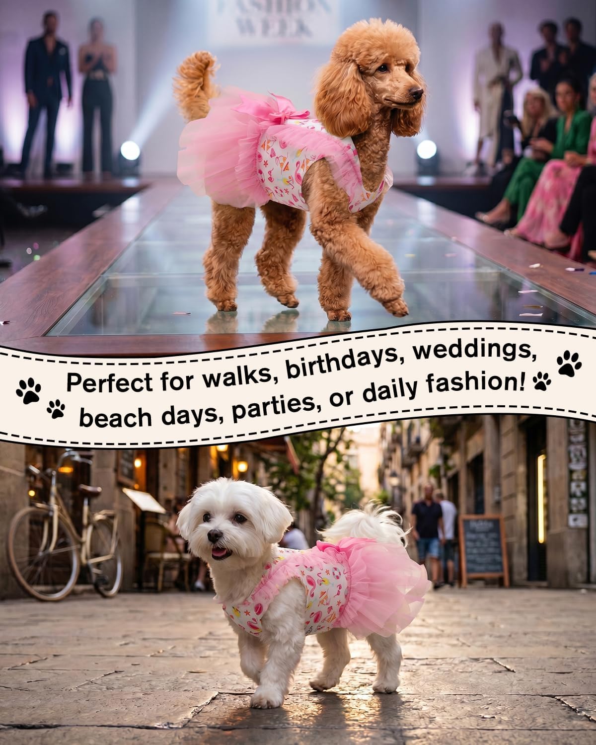 Pink Flamingo Pool Party Pet Dress for Small Dogs, Cats - Double-Layer Ruffled Skirt - Satin Bow - Summer Beach, BBQ Dress