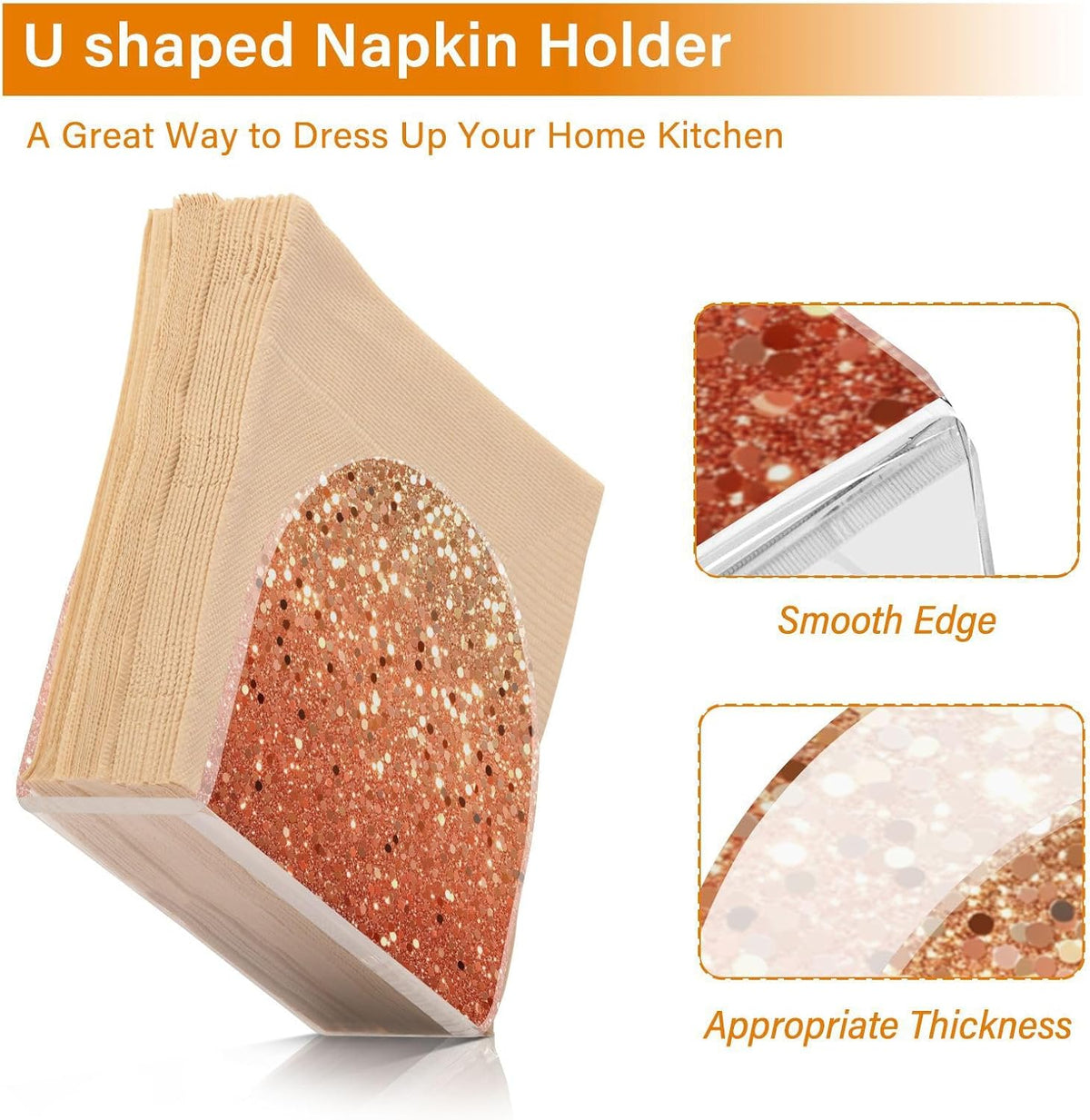 Napkin Holder Peach Coral Gold Flash Gradient Glitter Acrylic Napkins Holder Napkin Dispenser Clear Napkin Holder for Kitchen Table Party Guest Bathroom 2 Pack