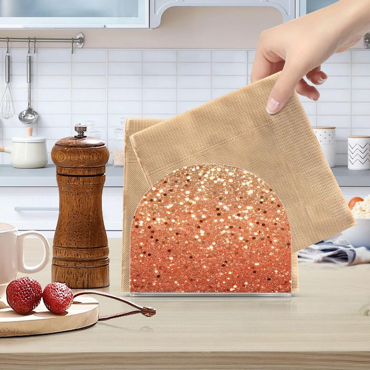 Napkin Holder Peach Coral Gold Flash Gradient Glitter Acrylic Napkins Holder Napkin Dispenser Clear Napkin Holder for Kitchen Table Party Guest Bathroom 2 Pack