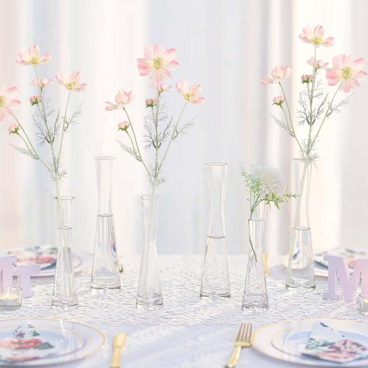 6PCS Cosmos Silk Flowers 24'' Fake Wild Flowers Light Pink Daisy Flowers with Stems for Wedding Party Kitchens Home Decorations(Light Pink)