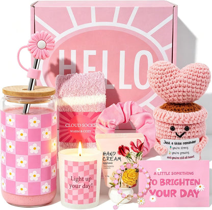 Pink Gift Basket for Women, Unique Birthday Gifts for Teen Girls Mom Sister Friends Her, Get Well Gift Baskets for Teen Girl, Encouragement Self Care Package Thinking of You Gifts for Woman