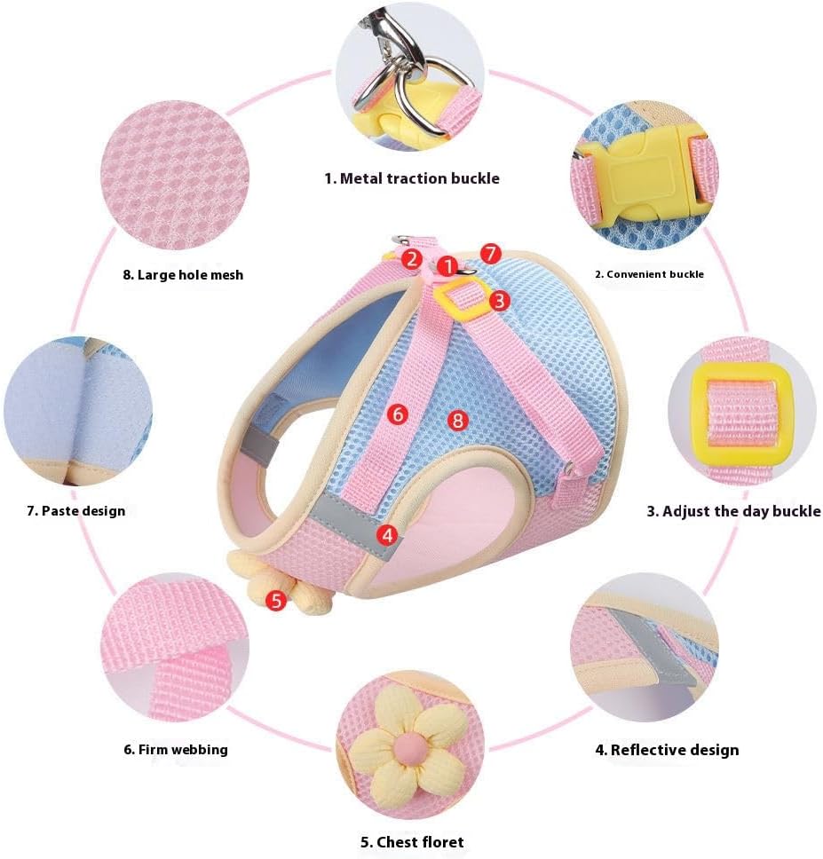 Floral Mesh Dog Harness with Matching Leash, Pink, L (16-20lbs)