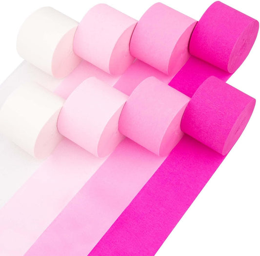 8 Pink Streamers with White, 656ft Pack of Pink Crepe Paper Streamers for Bachelorette Party Decorations, Birthday Decor (1.8 inch x 82 ft/Roll)