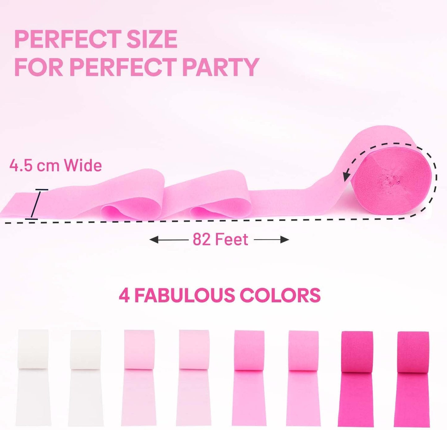 8 Pink Streamers with White, 656ft Pack of Pink Crepe Paper Streamers for Bachelorette Party Decorations, Birthday Decor (1.8 inch x 82 ft/Roll)