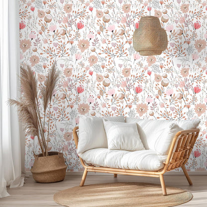 Soft Pastel Pink Floral Wallpaper Stick and Peel Boho Floral Peel and Stick Wallpaper for Bathroom Girls Room Nursery 17.7''x354'' Removable Prepasted Wallpaper Floral Contact Paper for Walls