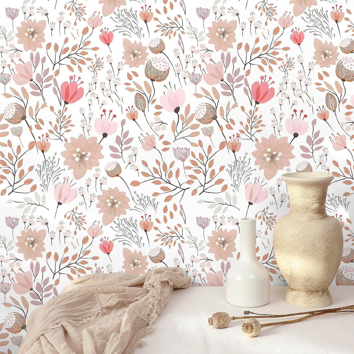 Soft Pastel Pink Floral Wallpaper Stick and Peel Boho Floral Peel and Stick Wallpaper for Bathroom Girls Room Nursery 17.7''x354'' Removable Prepasted Wallpaper Floral Contact Paper for Walls