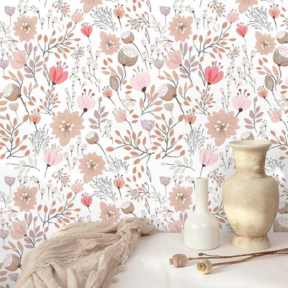 Soft Pastel Pink Floral Wallpaper Stick and Peel Boho Floral Peel and Stick Wallpaper for Bathroom Girls Room Nursery 17.7''x354'' Removable Prepasted Wallpaper Floral Contact Paper for Walls