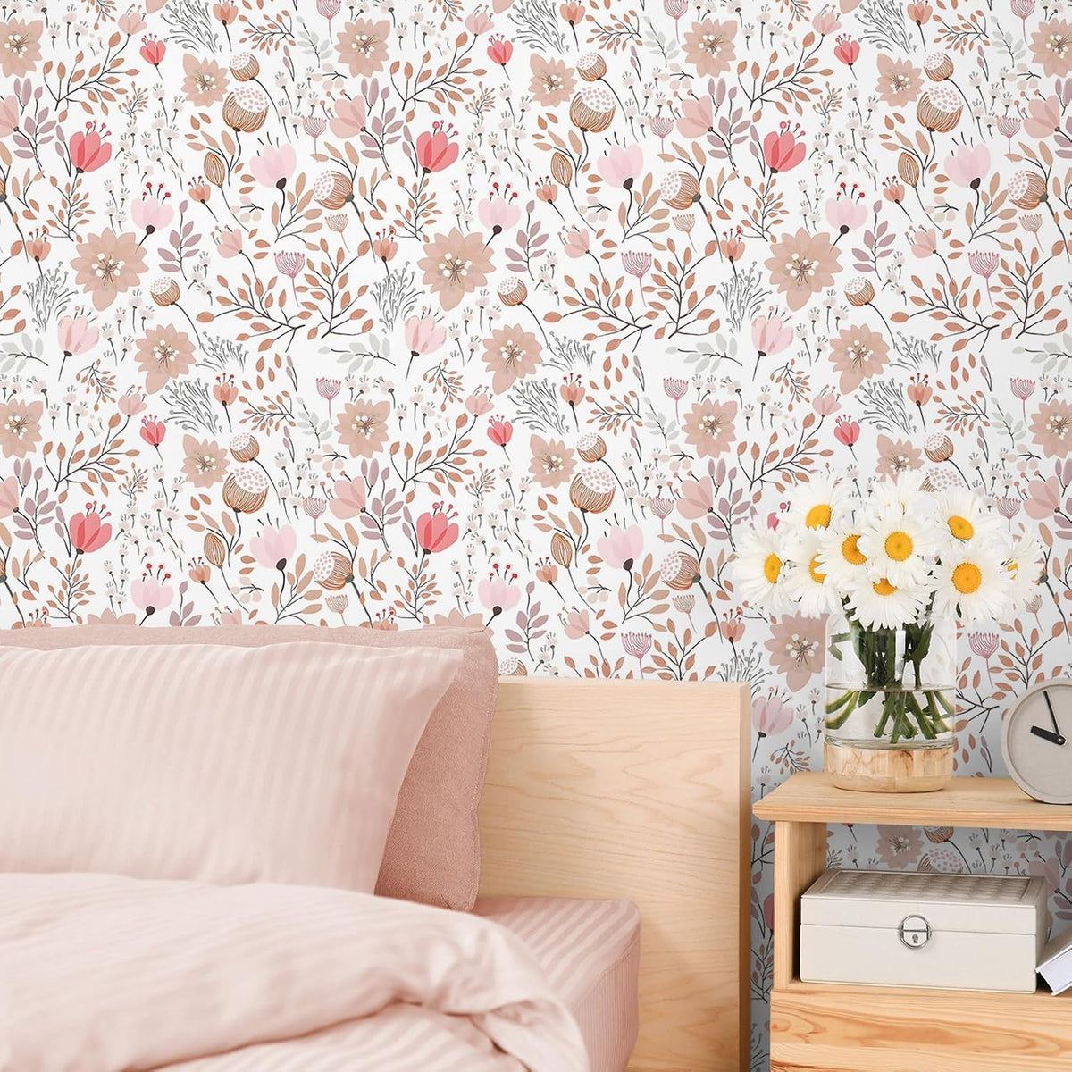 Soft Pastel Pink Floral Wallpaper Stick and Peel Boho Floral Peel and Stick Wallpaper for Bathroom Girls Room Nursery 17.7''x354'' Removable Prepasted Wallpaper Floral Contact Paper for Walls
