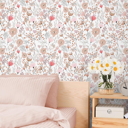 Soft Pastel Pink Floral Wallpaper Stick and Peel Boho Floral Peel and Stick Wallpaper for Bathroom Girls Room Nursery 17.7''x354'' Removable Prepasted Wallpaper Floral Contact Paper for Walls