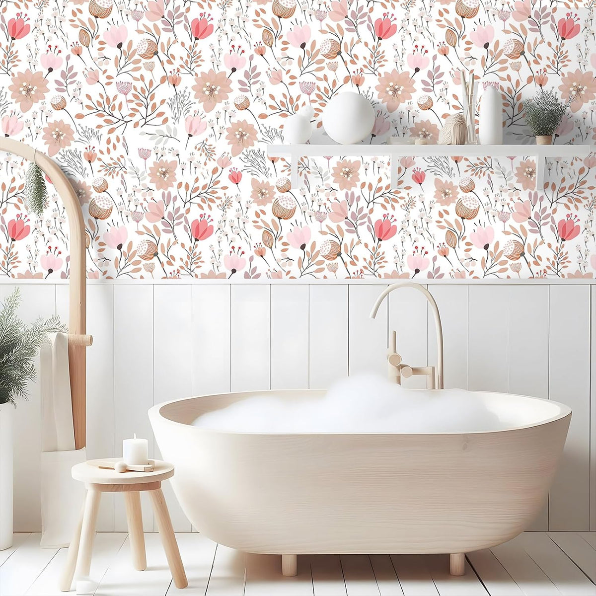 Soft Pastel Pink Floral Wallpaper Stick and Peel Boho Floral Peel and Stick Wallpaper for Bathroom Girls Room Nursery 17.7''x354'' Removable Prepasted Wallpaper Floral Contact Paper for Walls