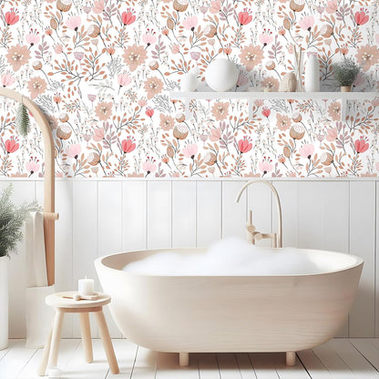Soft Pastel Pink Floral Wallpaper Stick and Peel Boho Floral Peel and Stick Wallpaper for Bathroom Girls Room Nursery 17.7''x354'' Removable Prepasted Wallpaper Floral Contact Paper for Walls