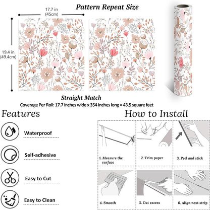 Soft Pastel Pink Floral Wallpaper Stick and Peel Boho Floral Peel and Stick Wallpaper for Bathroom Girls Room Nursery 17.7''x354'' Removable Prepasted Wallpaper Floral Contact Paper for Walls