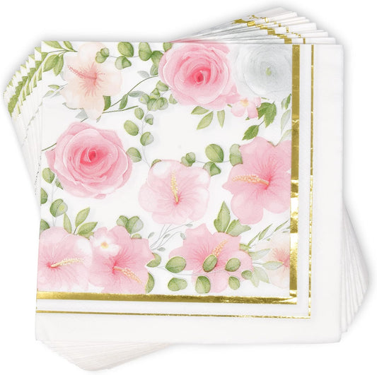 100 Pink Floral Luncheon Napkins Gold Foil Trim 3 Ply Disposable Paper Napkins Elegant Garden Tea Party Wedding Baby Shower Tableware