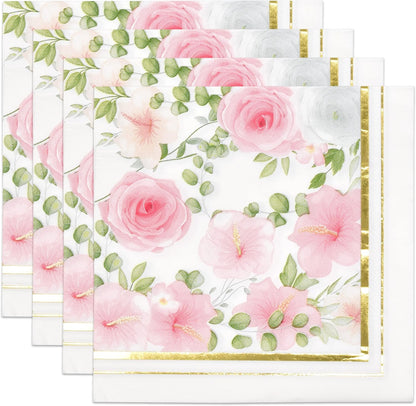 100 Pink Floral Luncheon Napkins Gold Foil Trim 3 Ply Disposable Paper Napkins Elegant Garden Tea Party Wedding Baby Shower Tableware