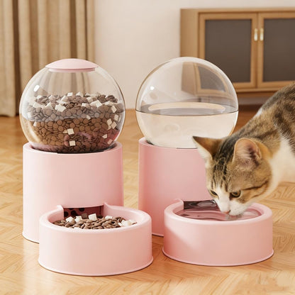 Automatic Cat Feeder and Water Dispenser Gravity Food Feeder and Water Set, Pack of 2, Cat Food Dispenser and Gravity Water Fountain for Cats Small Dogs Puppies Kittens Pets (Pink A)