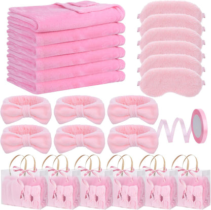24 Pcs Pink Spa Sleepover Party Supplies 6 Fuzzy Throw Blanket 6 Coral Fleece Headband 6 Eye Mask Covers 6 Gift Bags for Galentines Slumber Sleepover Spa Party Gift(Pink)