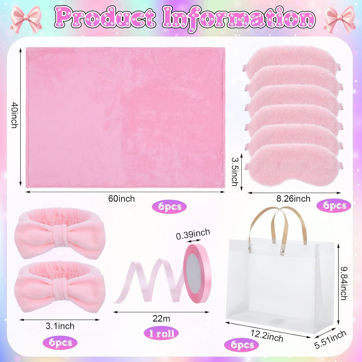 24 Pcs Pink Spa Sleepover Party Supplies 6 Fuzzy Throw Blanket 6 Coral Fleece Headband 6 Eye Mask Covers 6 Gift Bags for Galentines Slumber Sleepover Spa Party Gift(Pink)
