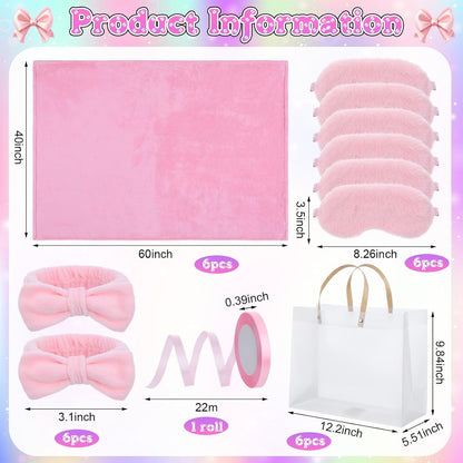 24 Pcs Pink Spa Sleepover Party Supplies 6 Fuzzy Throw Blanket 6 Coral Fleece Headband 6 Eye Mask Covers 6 Gift Bags for Galentines Slumber Sleepover Spa Party Gift(Pink)