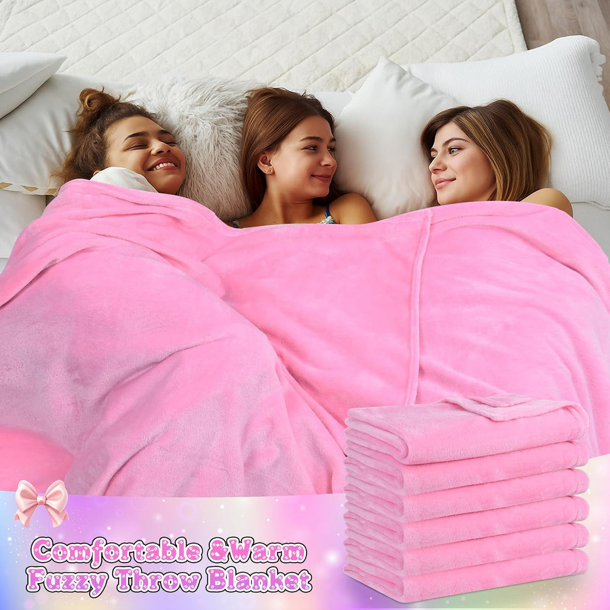 24 Pcs Pink Spa Sleepover Party Supplies 6 Fuzzy Throw Blanket 6 Coral Fleece Headband 6 Eye Mask Covers 6 Gift Bags for Galentines Slumber Sleepover Spa Party Gift(Pink)