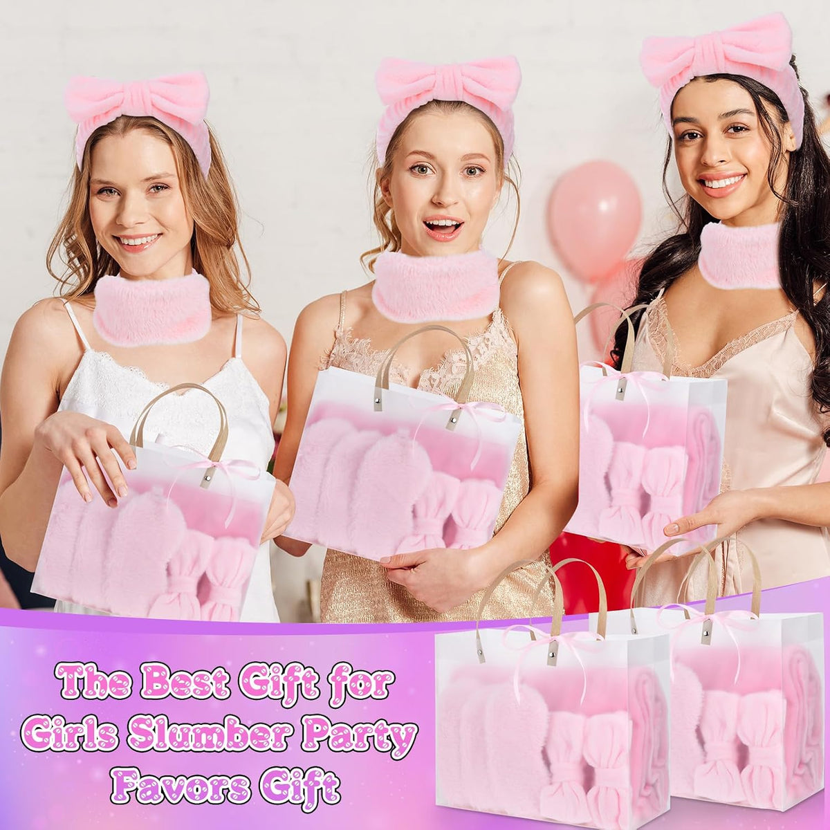 24 Pcs Pink Spa Sleepover Party Supplies 6 Fuzzy Throw Blanket 6 Coral Fleece Headband 6 Eye Mask Covers 6 Gift Bags for Galentines Slumber Sleepover Spa Party Gift(Pink)