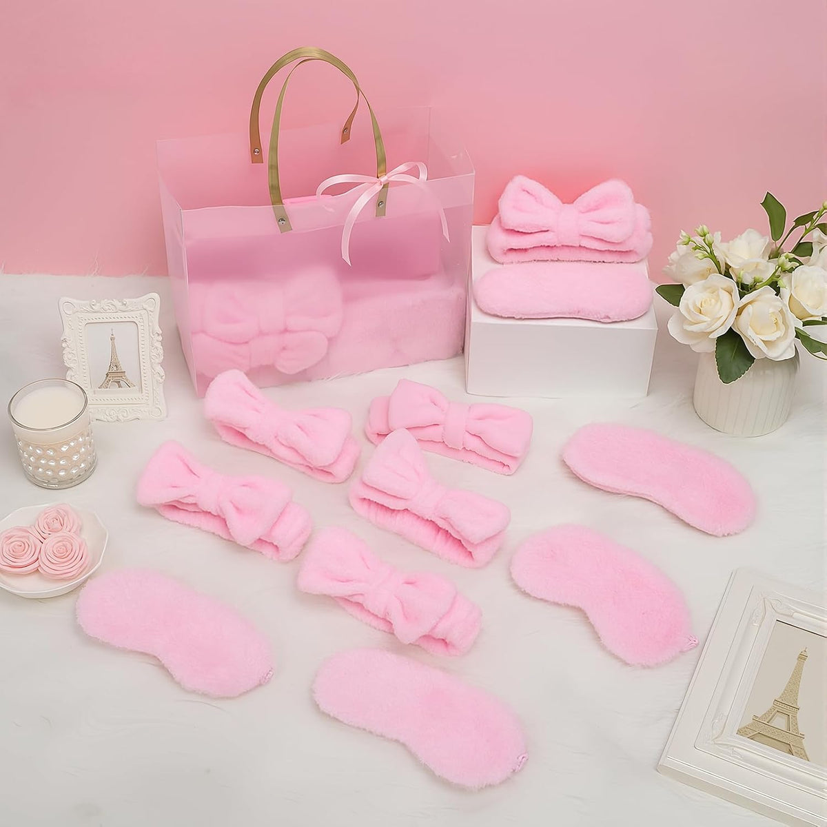 24 Pcs Pink Spa Sleepover Party Supplies 6 Fuzzy Throw Blanket 6 Coral Fleece Headband 6 Eye Mask Covers 6 Gift Bags for Galentines Slumber Sleepover Spa Party Gift(Pink)