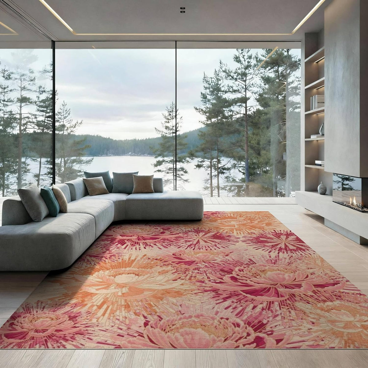 8'x10' Washable Flatwoven Rug, Peach Contemporary Floral Stain Resistant Extra Large Carpet Non-Slip Chair-Friendly Mat for Dining Room, Large Office, Lounge | Ref:2116739