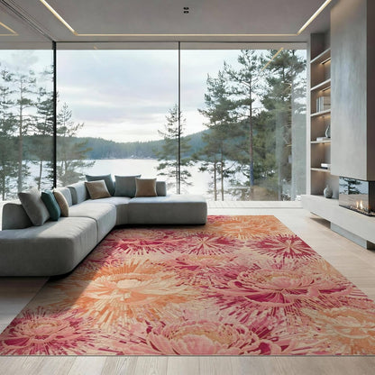 8'x10' Washable Flatwoven Rug, Peach Contemporary Floral Stain Resistant Extra Large Carpet Non-Slip Chair-Friendly Mat for Dining Room, Large Office, Lounge | Ref:2116739
