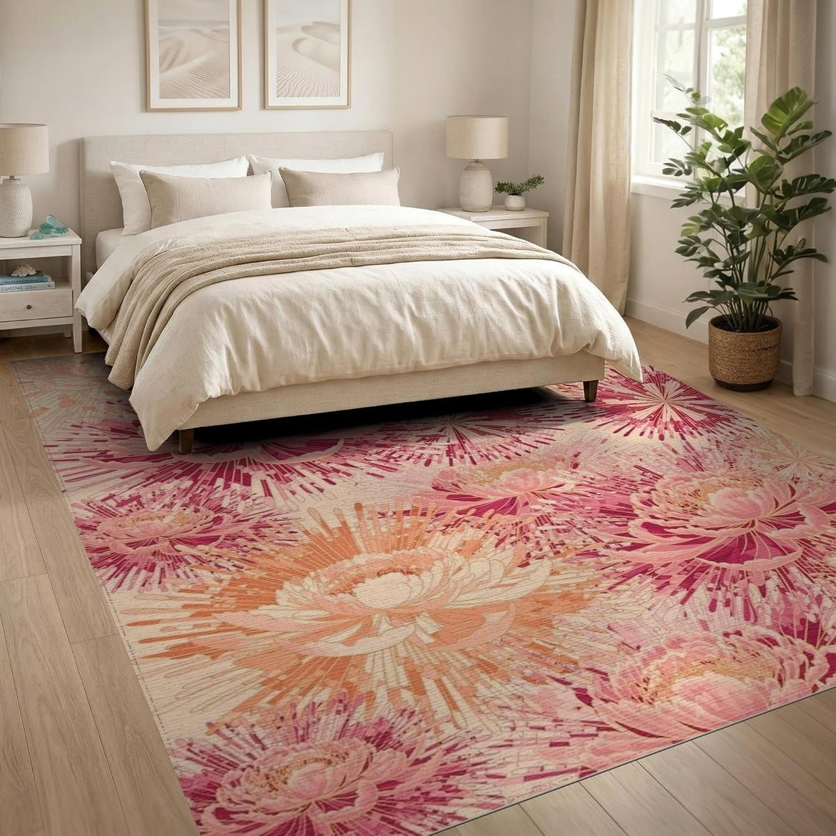 8'x10' Washable Flatwoven Rug, Peach Contemporary Floral Stain Resistant Extra Large Carpet Non-Slip Chair-Friendly Mat for Dining Room, Large Office, Lounge | Ref:2116739