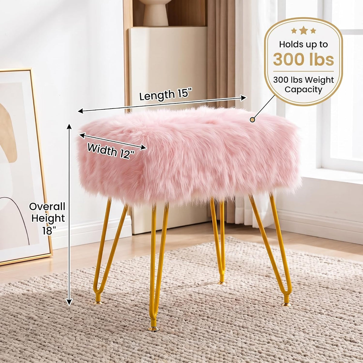 Vanity Stool Chair with Storage, Soft Ottoman Seat Vanity Chair with Anti-Slip Feet, Fluffy Padded Seat Multifunctional Footrest Side Table with 4 Metal Legs for Makeup, Bedroom, Dorm, Pink