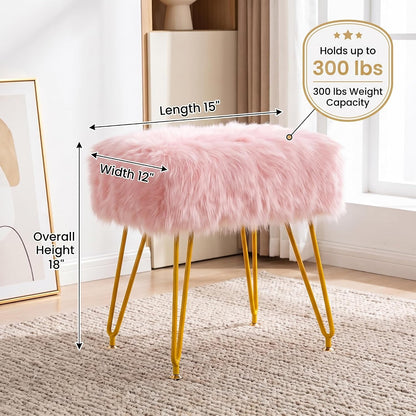 Vanity Stool Chair with Storage, Soft Ottoman Seat Vanity Chair with Anti-Slip Feet, Fluffy Padded Seat Multifunctional Footrest Side Table with 4 Metal Legs for Makeup, Bedroom, Dorm, Pink