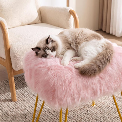 Vanity Stool Chair with Storage, Soft Ottoman Seat Vanity Chair with Anti-Slip Feet, Fluffy Padded Seat Multifunctional Footrest Side Table with 4 Metal Legs for Makeup, Bedroom, Dorm, Pink