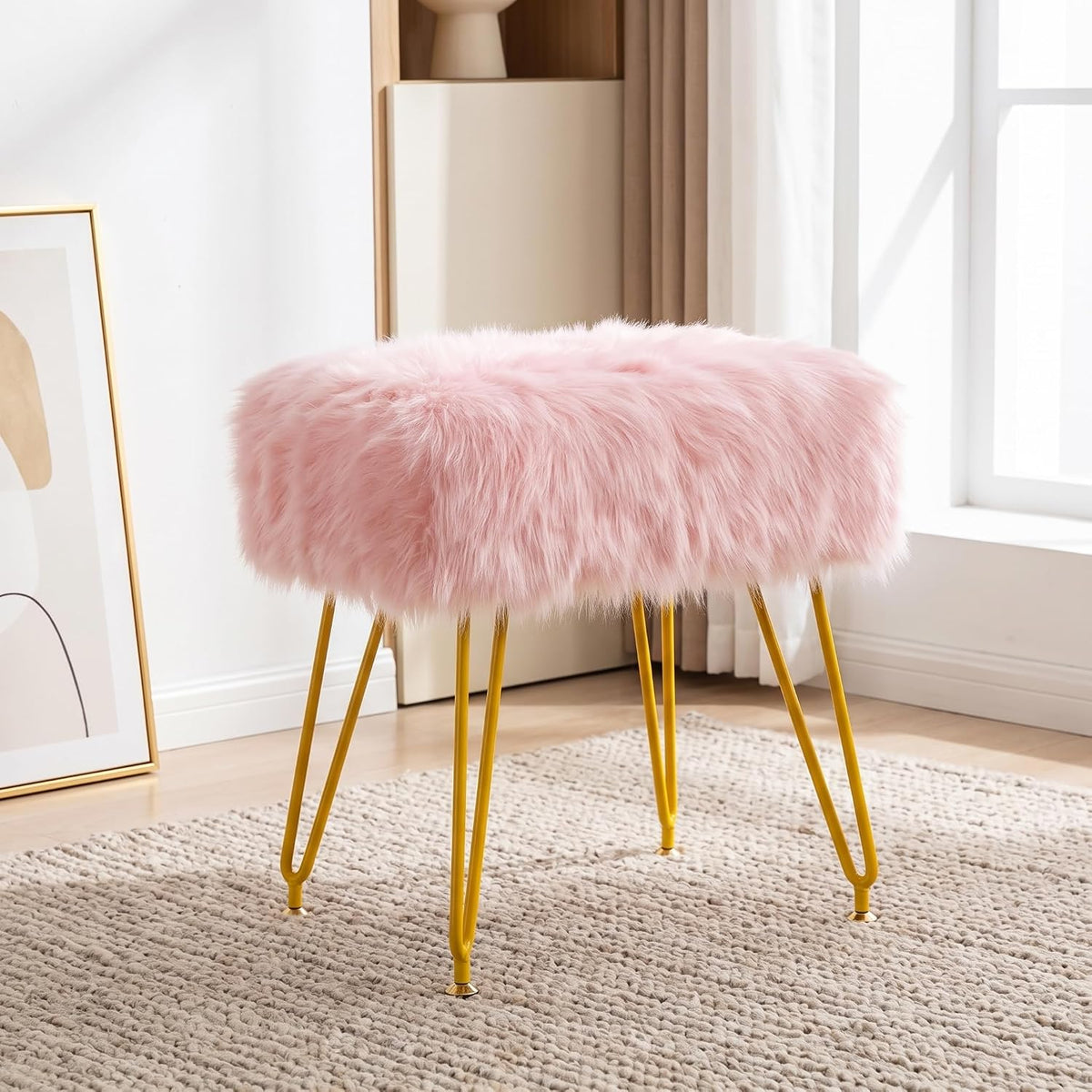 Vanity Stool Chair with Storage, Soft Ottoman Seat Vanity Chair with Anti-Slip Feet, Fluffy Padded Seat Multifunctional Footrest Side Table with 4 Metal Legs for Makeup, Bedroom, Dorm, Pink