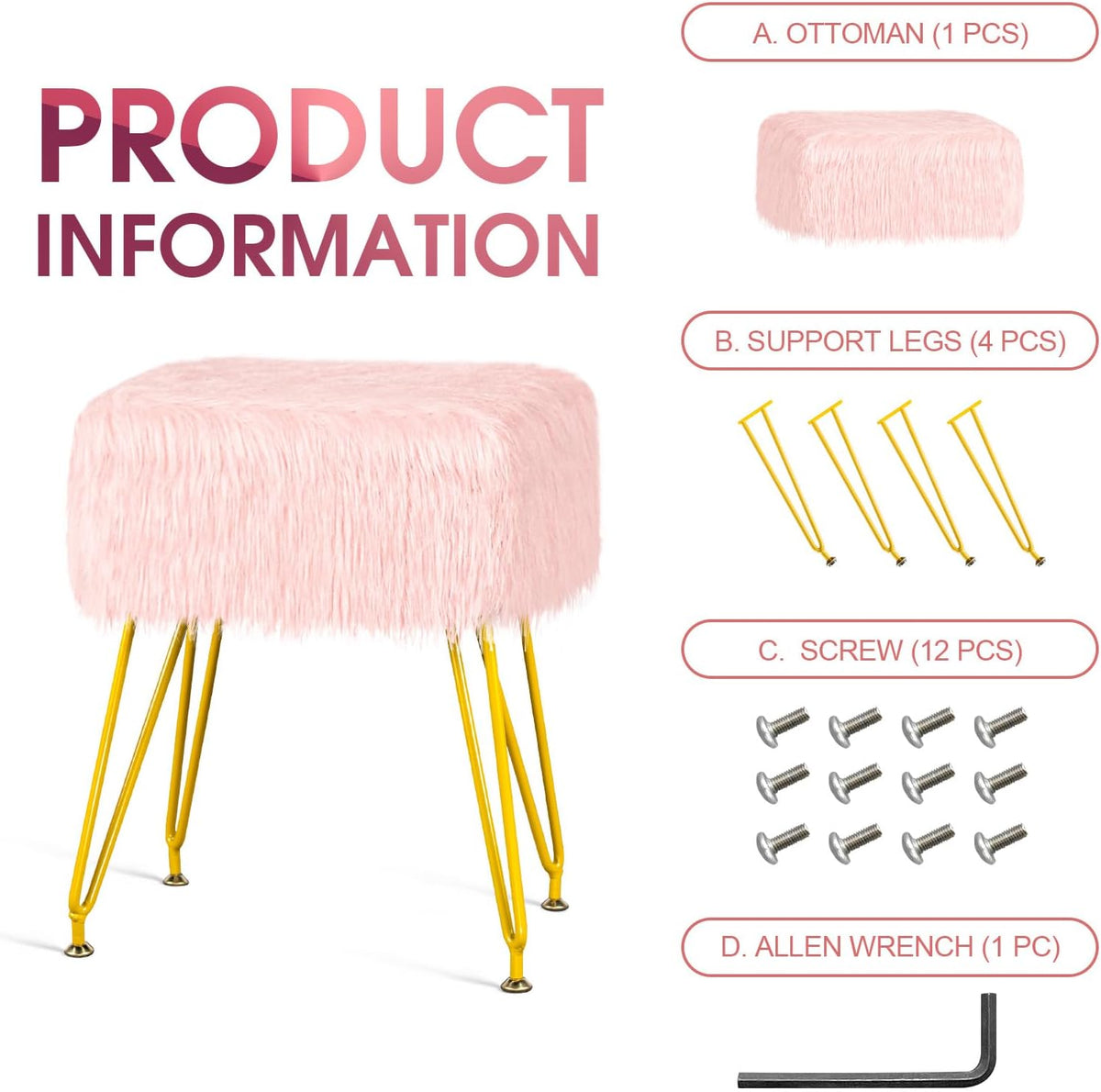 Vanity Stool Chair with Storage, Soft Ottoman Seat Vanity Chair with Anti-Slip Feet, Fluffy Padded Seat Multifunctional Footrest Side Table with 4 Metal Legs for Makeup, Bedroom, Dorm, Pink